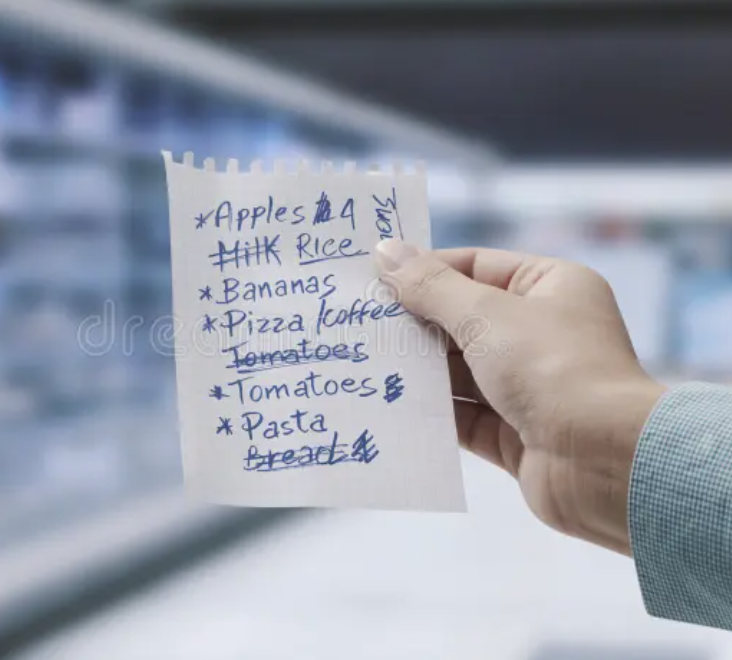 A messy handwritten grocery list